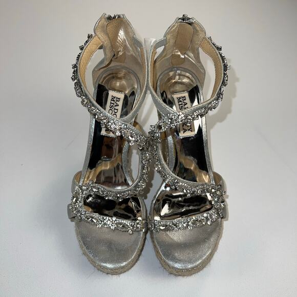 Badgley Mischka Crystal Espadrille Wedge Platform Sandals Silver Leather Size 5 - Picture 5 of 16